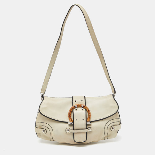 Beige/Black Leather Flap Shoulder Bag