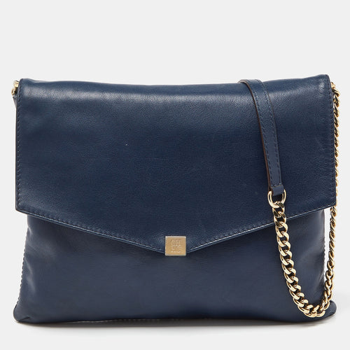 Navy Blue Leather Envelope Chain Shoulder Bag