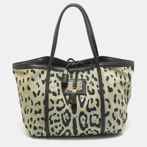 Black/Light Blue Leopard Print Canvas and Leather Miss Escape Tote