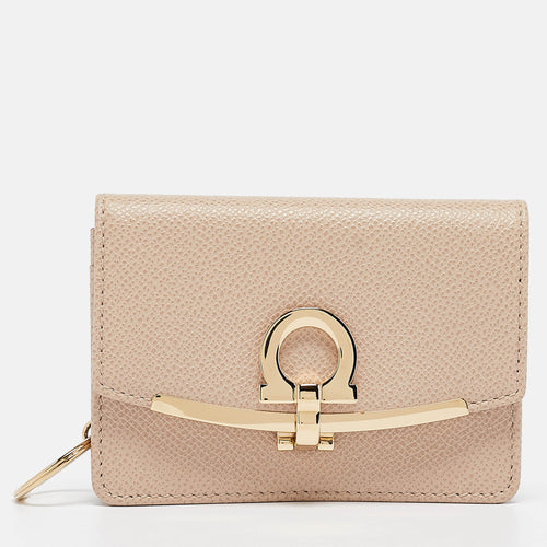 Beige Leather Gancini Business Card Holder