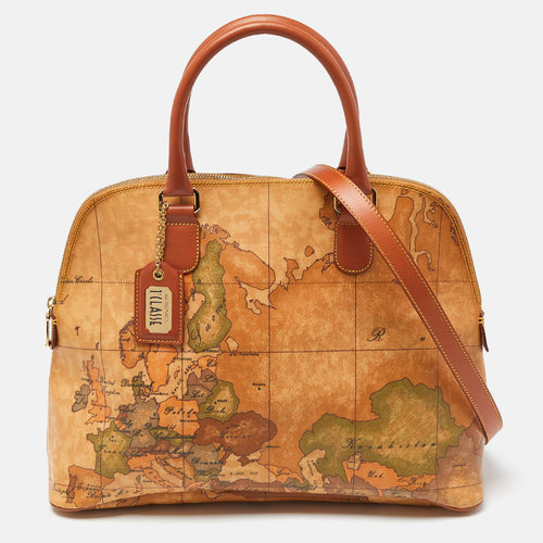 Brown Geo Print Coated Canvas and Leather Dome Satchel