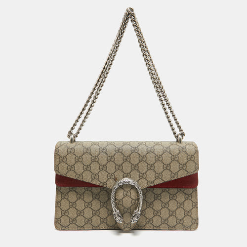 Beige/Red GG Supreme Canvas and Suede Small Dionysus Shoulder Bag