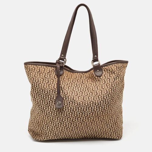 Brown/Beige Signature Canvas and Leather Snap Tote