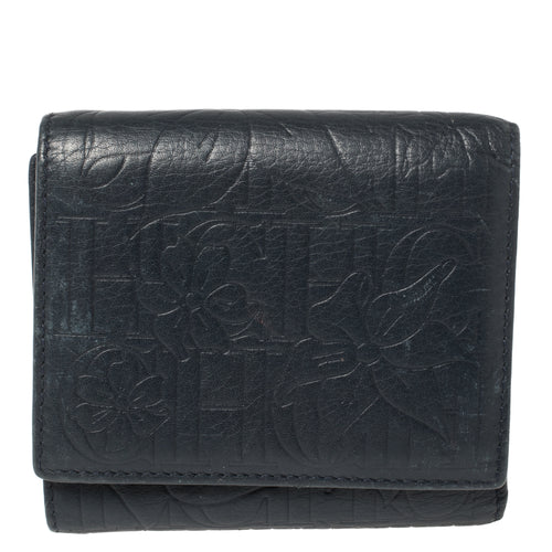 Navy Blue Monogram Leather Trifold Compact Wallet