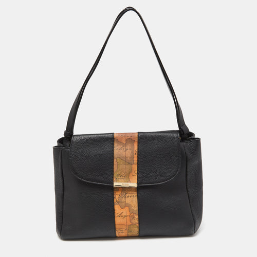 Black/Tan Geo Print Coated Canvas and Leather Shoulder Bag