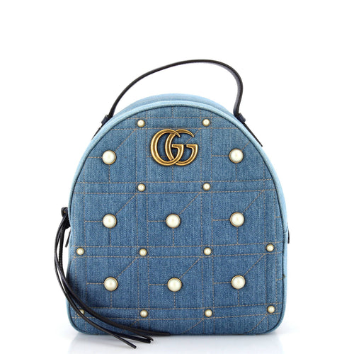 GUCCI Pearly GG Marmont Backpack Embellished Matelasse Denim Small