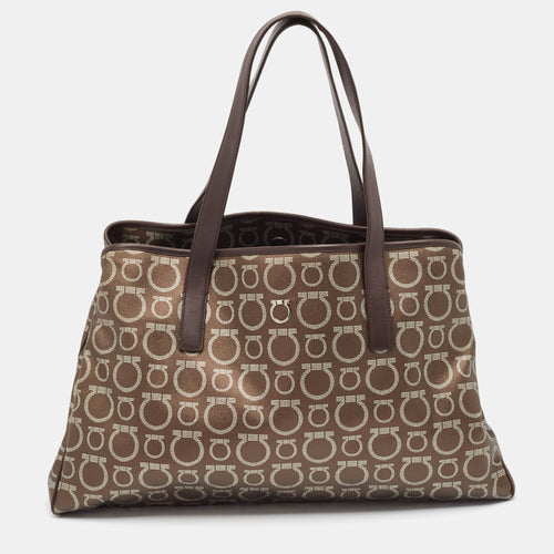 Brown/Silver Gancini Printed Coated Canvas and Leather Zip Tote
