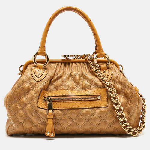 Yellow Quilted Coated Canvas and Ostrich Stam Satchel