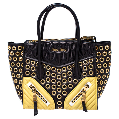 Black/Yellow Leather Grommet Biker Convertible Tote