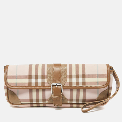 Pink/Beige House Check PVC and Leather Buckle Flap Wristlet Clutch
