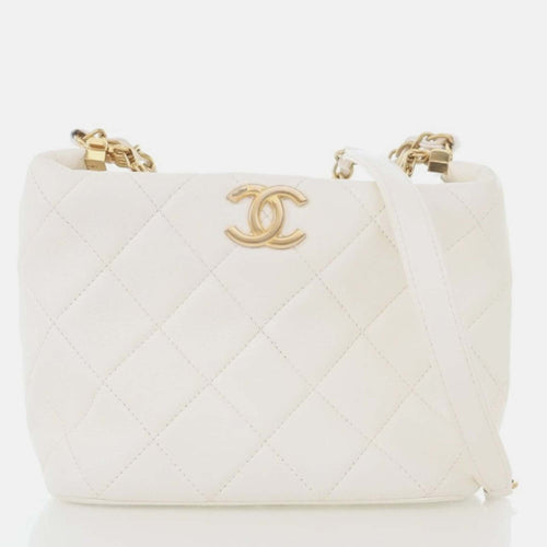 White Quilted Lambskin Small Crystal Logo Letters Chain Handle Bag