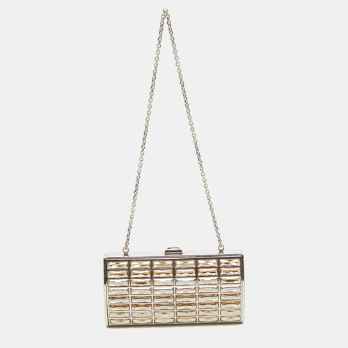 Silver/Beige Satin and Metal Crystal Goddess Chain Clutch