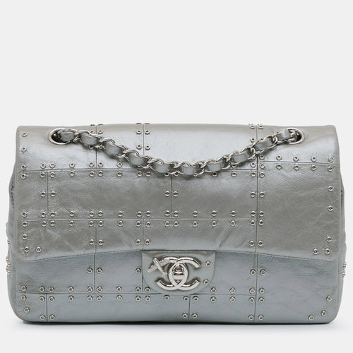 Silver Glazed Calfskin Leather Grommet Embellished Airline Double Flap Bag