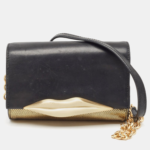 Black/Gold Lizard Embossed and Leather Carolina Lips Clutch Bag