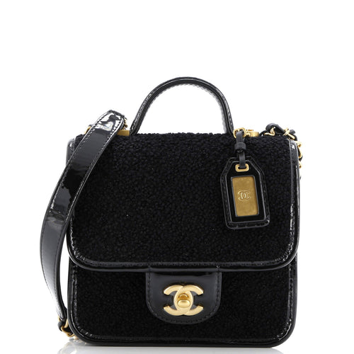 CHANEL School Memory Top Handle Flap Bag Quilted Tweed with Patent Mini