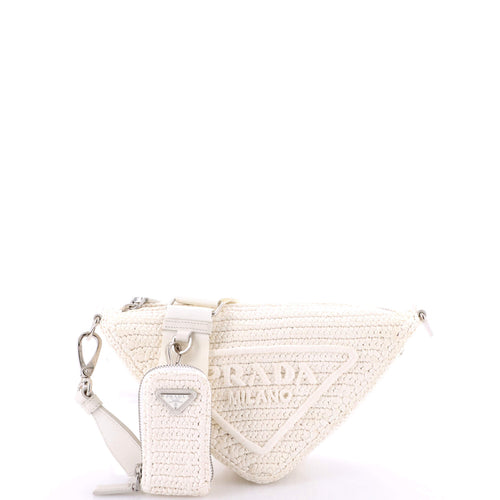 PRADA Triangle Logo Zip Crossbody Bag Crochet Raffia Small