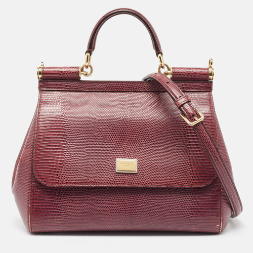 Burgundy Lizard Embossed Leather Medium Miss Sicily Top Handle Bag