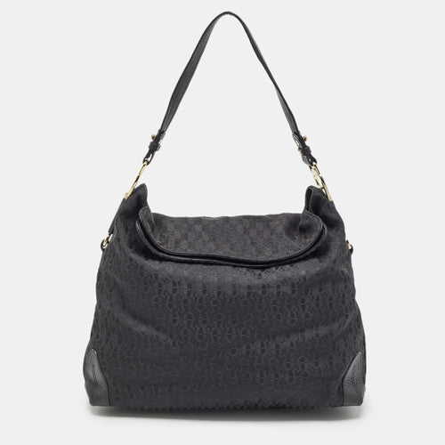 Black Monogram Canvas and Leather Logo Handle Hobo