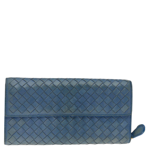Blue Intrecciato Leather Continental Flap Wallet