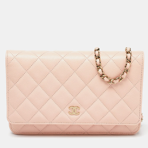 Peach Quilted Caviar Leather CC Flap Wallet on Chain