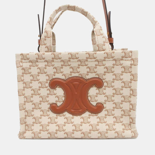 Triomphe White Canvas Leather Small Cabas Thais Handbag Small