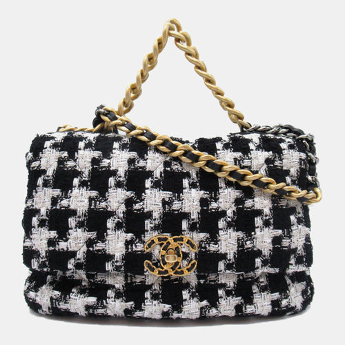 Black/White Quilted Houndstooth Tweed and Ribbon Medium 19 Flap Shoulder Bag