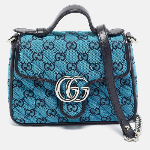 Blue Canvas GG Diagonal Quilt Canvas and Leather Mini GG Marmont Top Handle Bag