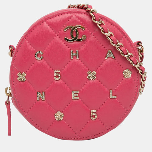 Pink CC Quilted Lambskin Lucky Charms Round Clutch with Chain