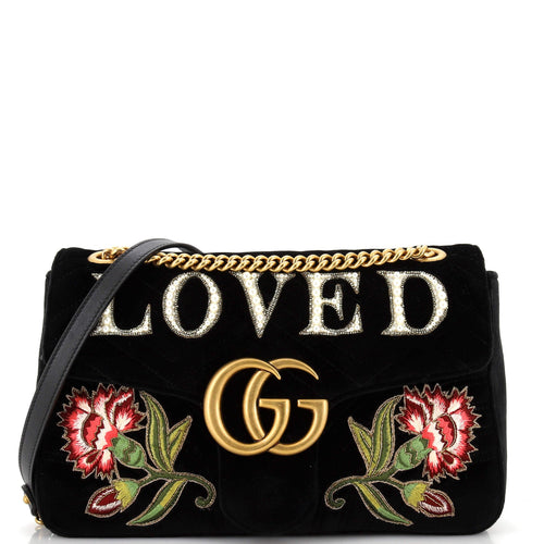 GUCCI GG Marmont Flap Bag Embroidered Matelasse Velvet Medium
