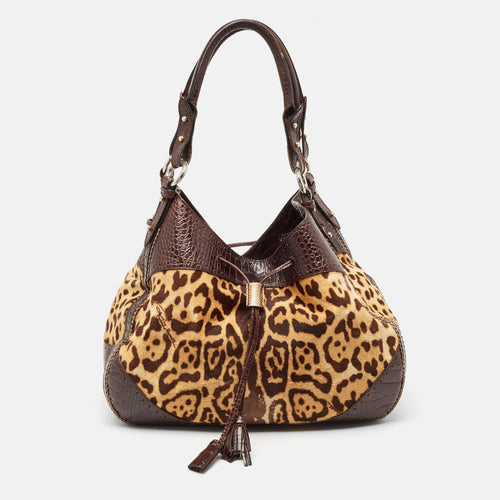 Brown Leopard Print/Croc Embossed Leather and Calf Hair Drawstring Hobo