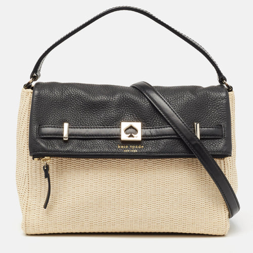 Beige/Black Woven Straw and Leather Loula Shoulder Bag