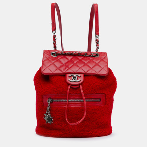 Red Shearling and Glazed Calfskin Leather Small Mountain Backpack