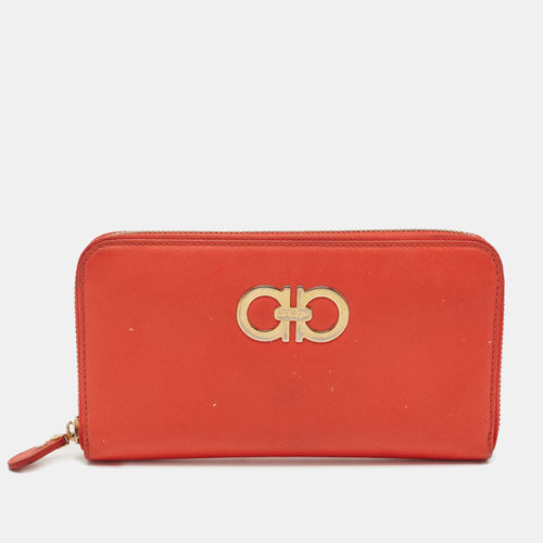 Orange Leather Double Gancio Zip Around Wallet