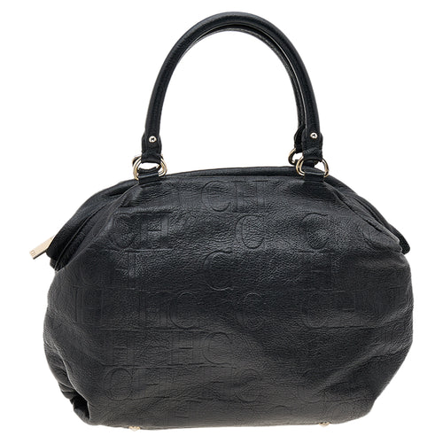 Black Monogram Embossed Leather Boston Bag