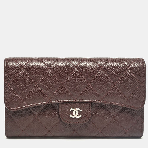 Plum Quilted Caviar Leather Classic Flap Trifold Wallet