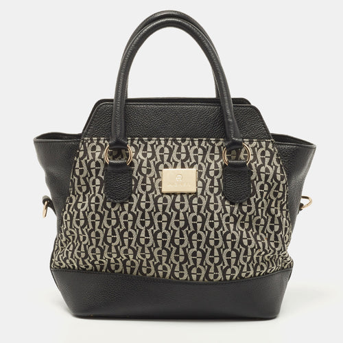 Black/White Signature Canvas and Leather Logo Satchel