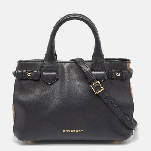 Black/Beige Leather and House Check Fabric Small Banner Tote