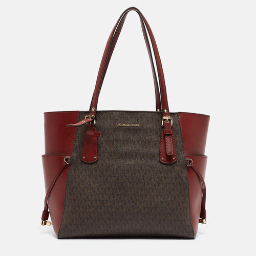 Red/Brown Signature Coated Canvas and Leather Voyager East West Tote