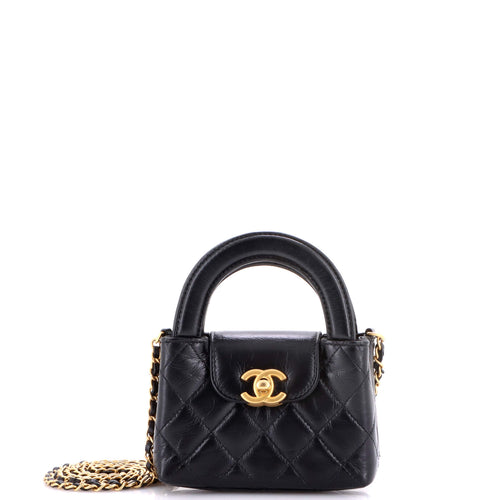 CHANEL Kelly Top Handle Shopping Bag Quilted Shiny Aged Calfskin Nano