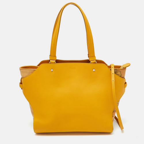 Yellow Geo Print Coated Canvas and Leather Tote