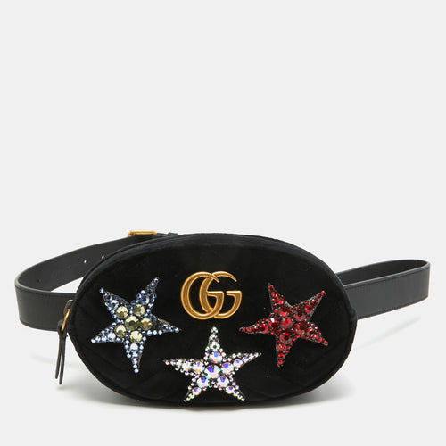 Black Matelassé Velvet Star Crystal GG Marmont Belt Bag