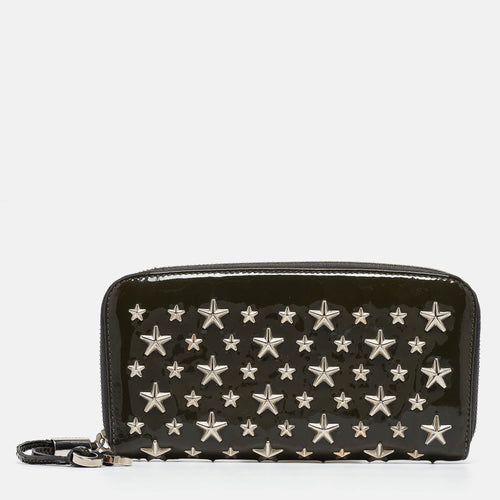 Olive Green Patent Leather Star Studded Zip Around Wallet