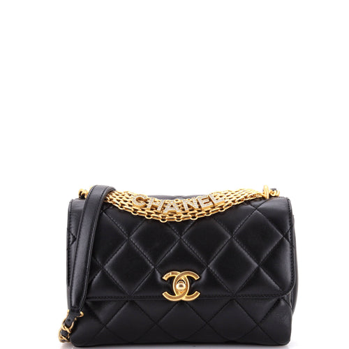CHANEL Crystal Logo Letters Chain Handle Flap Bag Quilted Lambskin Small
