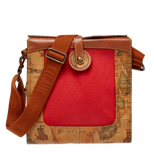 Geo Print Coated Canvas and Leather Flap Messenger Bag