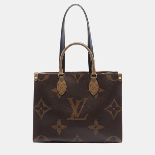 Brown Beige Monogram Giant Reverse Leather Coated Canvas On the Go MM Tote Bag