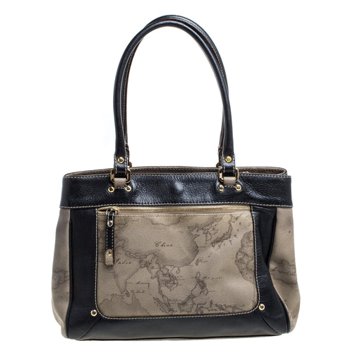 Black/Beige Geo Print Coated Canvas and Leather Tote