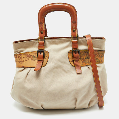 Beige/Brown Geo Print Coated Canvas,Canvas and Leather Satchel