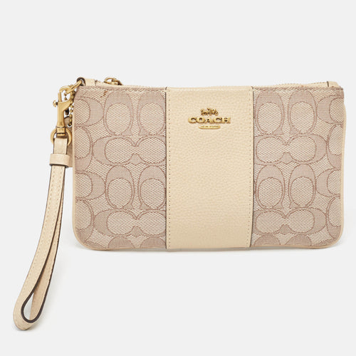 Beige Signature canvas and Leather Wristlet Zip Pouch