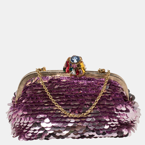 Pink Sequin Crystal Embellished Lock Frame Chain Clutch