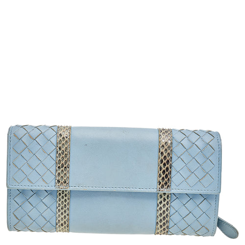 Powder Blue Intrecciato Leather and Snakeskin Trim Flap Continental Wallet